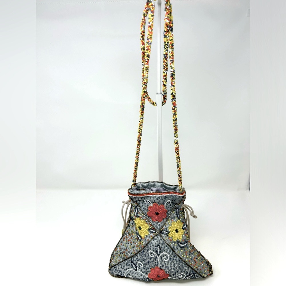 Beaded Floral Crossbody Mini Bag Satin Lined Beaded Strap